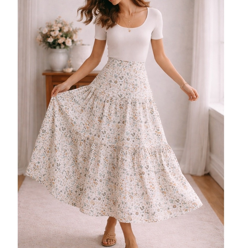 LaRoque x Liberty Fabric Sunday Skirt Floral Butterfly Tiered Midi Whit- Large